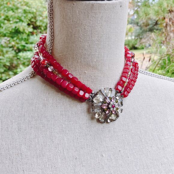 VTG Signed Avon Multistrand Red Bead Rhinestone Statement Necklace Unique Retro - Picture 2 of 11